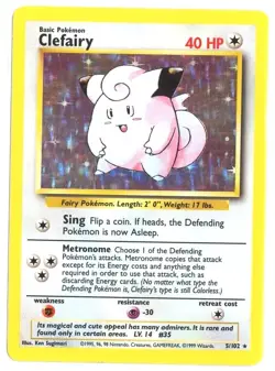 Pokemon Card - Clefairy 5/102 Base Set Unlimited Holo Rare WOTC Vintage LP/MP - Image 1