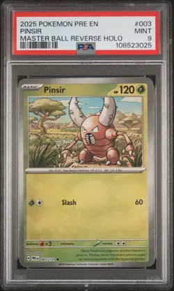 2025 POKEMON PRE EN-PRISMATIC EVOLUTIONS MASTER BALL REVERSE HOLO PINSIR PSA 9 - Image 1