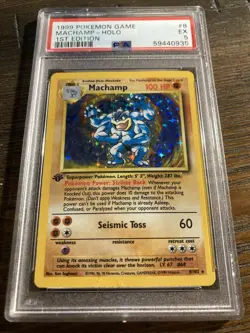 Pokemon 1st Edition Machamp Holo Card - PSA 5 Graded 1999 - Image 1