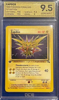 ZAPDOS 30/62 Rare 1st Edition Fossil Pokemon Card 1999 tcg wotc OCE GEM MINT 9.5 - Image 1