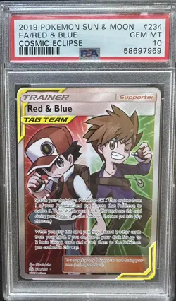 Pokemon Red & Blue Full Art 2019 Cosmic Eclipse Sun and Moon PSA 10 Gem Mint - Image 1