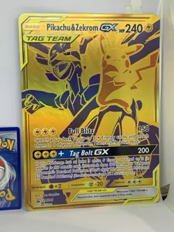 JUMBO Oversized Pikachu & Zekrom GX Tag Team Gold Promo SM248 Pokemon Texture NM - Image 2