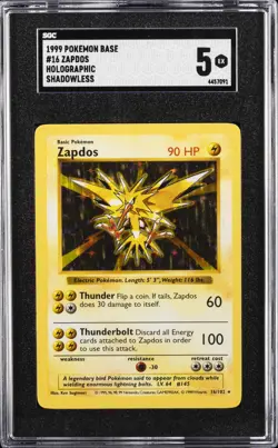 1999 POKEMON GAME SHADOWLESS #16 ZAPDOS-HOLO SGC 5 - Image 1