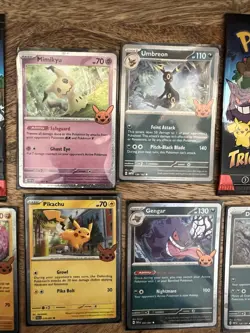 6 Pokemon Cards Pikachu, Gengar, Umbreon, Mimikyu, 2 Trick Or Treat Packs Lot - Image 2