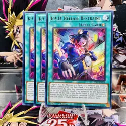 3x Yugioh Playset K9-LC Release Restraint JUSH-EN038 Rare 1st Ed Near Mint - Image 1
