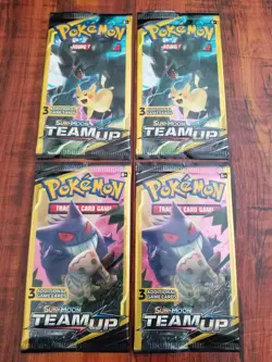 Pokemon Sun & Moon Team Up 3 Card Mini Booster Pack - 4 Packs - Factory Sealed - Image 1