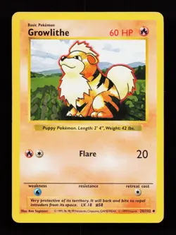 Growlithe 28/102 Uncommon Base Set (Shadowless) Pokemon Card - Image 1