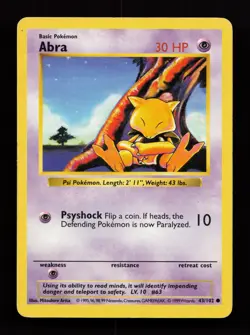 Abra 43/102 Common Base Set (Shadowless) Pokemon Card - Image 1