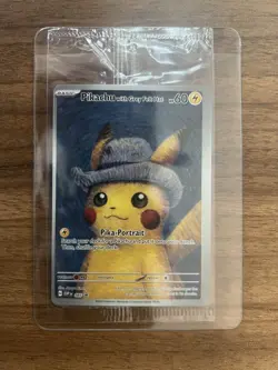 Pokemon Pikachu 2023 Van Gogh Grey Felt Hat Rare Error Card Misaligned Error - Image 1