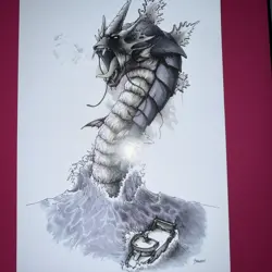 Monster Art Gyarados from Pokemon Hand Coloured Drawing on Card - Image 1