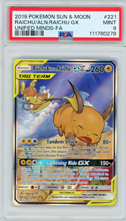 2019 Pokemon S&M Unified Minds Raichu/Alolan Raichu Gx 221/236 Full Art PSA 9 B - Image 1