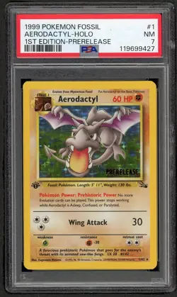 1st Edition Aerodactyl 1/62 Prerelease PSA 7 NM Rare Fossil Holo Pokemon Card - Image 1