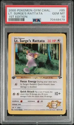 PSA 10 Pokemon Lt. Surge's Rattata #85 - 1st Edition Gym Challenge - Image 1