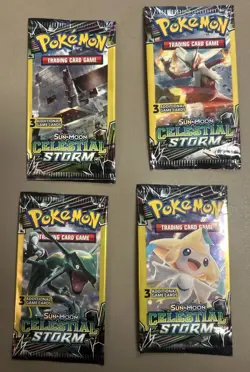 4 Pokemon Sun & Moon Celestial Storm 3 Card Mini Booster Pack 2018 Art Set - Image 1