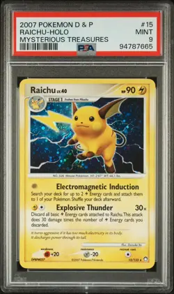 PSA 9 RAICHU HOLO ***SWIRL*** 15/123 2007 POKEMON D&P MYSTERIOUS TREASURES - Image 1