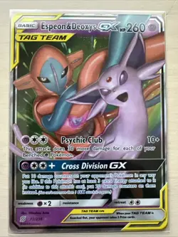 Espeon & Deoxys GX 72/236 Tag Team Unified Minds Pokemon Card Ultra Rare Holo NM - Image 1