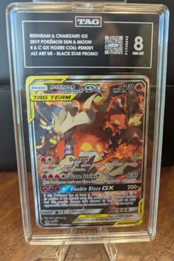 Pokemon RESHIRAM & CHARIZARD SM201 TAG 8 NM MT Full Art Black Star Promo - Image 1