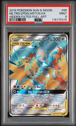 2019 Pokemon Hidden Fates Moltres & Zapdos & Articuno GX Full Art 66/159 PSA 9 - Image 1