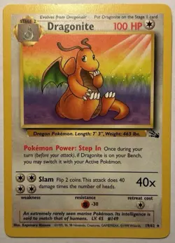 1999 Pokemon TCG Dragonite 19/62 Fossil Set Non Holo Vintage Rare Card WOTC LP - Image 1