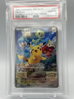 PSA 10 GEM MINT JAPANESE POKEMON 2022 PIKACHU 001/SV-P PROMO PRE-ORDER SCARLET V - Image 1