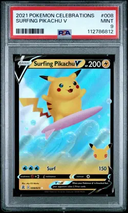 PSA 9 Mint Surfing Pikachu V 008 Pokemon Celebrations 2021 - Image 1