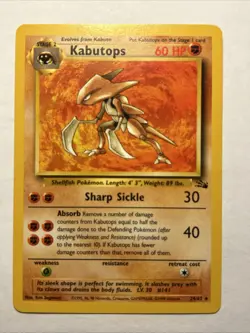 1999 Pokemon TCG Fossil Set Kabutops 24/62 Non Holo Rare Card Vintage WOTC NM - Image 1