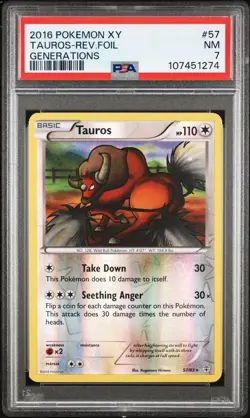 2016 Pokemon XY Generations TAUROS 57/83 Reverse Holo PSA 7 - Image 1