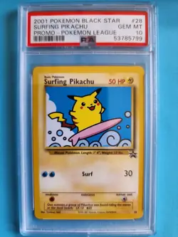 2001 Pokemon League Black Star Surfing Pikachu Promo #28 PSA10 Cert # 53785799 - Image 1