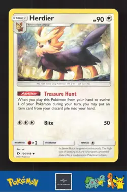 2017 Pokemon SM Sun & Moon Base Set 104/149 Herdier - Image 1