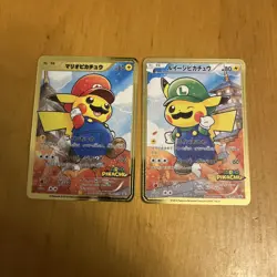 Pikachu Mario & Luigi Full Art 2 Card Set Metal Japanese Pokemon Gift/Display - Image 1