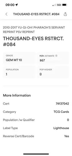 Yu-Gi-Oh! Thousand-Eyes Restrict 2010-2017 Reprint PSV-084 PSA 10 GEM MINT Pop 1 - Image 4