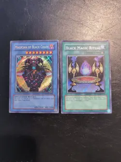Yu-Gi-Oh SECRET RARE MAGICIAN OF BLACK CHAOS + BLACK ILLUSION RITUAL PP01 LP - Image 1