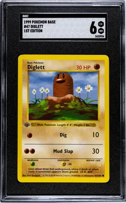 1st Edition Shadowless Diglett 47/102 Base Set 1999 Pokemon Card SGC Graded 6 - Image 1