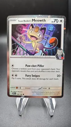 Team Rockets Meowth Cosmos Holo 149/182 Destined Rivals Pokemon Card NM - Image 1