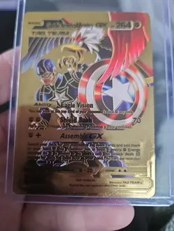 Captain America & Braviary GX Gold Foil Vinyl Fan Art Collector Pokemon Card - Image 1
