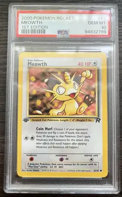 2000 POKEMON TEAM ROCKET #62 MEOWTH 1ST EDITION GEM MINT PSA 10 - Image 1