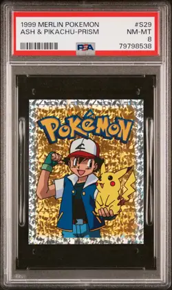 1999 Merlin Pokemon Album Ash & Pikachu-Prism #S29 PSA 8 NM-MT Vintage Sticker - Image 1