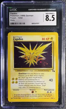 Pokemon Fossil GERMAN ZAPDOS Unlimited Holo 15/62 CGC 8.5 - Image 1