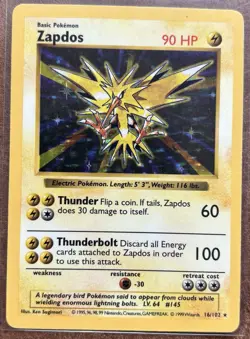 Pokemon Zapdos Shadowless Holo Rare Card Base Set, 16/102 - Image 1