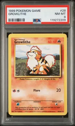 PSA 8 - Growlithe 28/102 Base Set Uncommon Pokemon Card 1999 Unlimited - Image 1