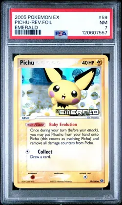 2005 POKEMON EX EMERALD 59 PICHU-REVERSE FOIL PSA 7 NEAR MINT - Image 1