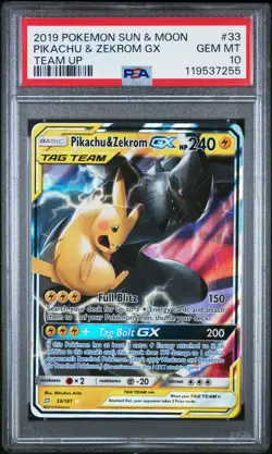 2019 POKEMON SUN & MOON TEAM UP #33 PIKACHU & ZEKROM GX PSA 10 - Image 1