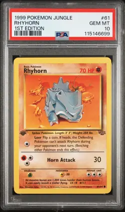 PSA 10 GEM MINT 1999 POKEMON JUNGLE 61 RHYHORN 1ST EDITION ENGLISH - Image 1