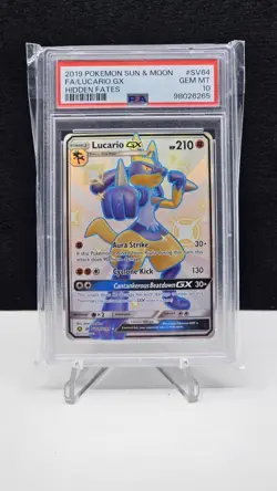 2019 Pokemon Lucario GX SV64/SV94 Hidden Fates Sun & Moon TCG PSA 10 Full Art - Image 1