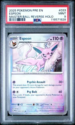 Pokemon Espeon Prismatic Evolutions Master Ball Reverse Holo #033 PSA 9 - Image 1