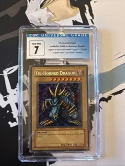 YuGiOh North American Tri-Horned Dragon LOB-000 1st Edition Glossy CGC 7 Pop 1 - Image 1
