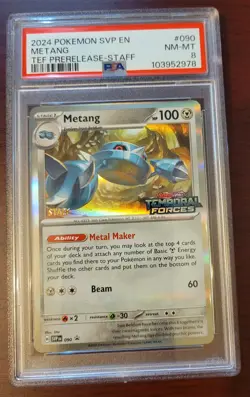 PSA 8 NM - Mint POKEMON Metang #90 [Staff] Temporal Forces Prerelease Promo - Image 1