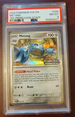 PSA 8 NM - Mint POKEMON Metang #90 [Staff] Temporal Forces Prerelease Promo - Image 1