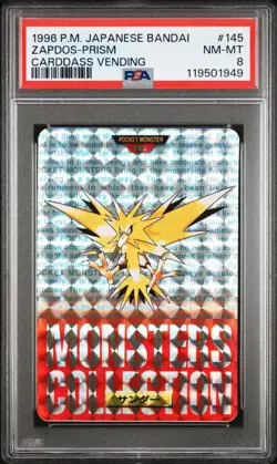 Pokemon Japanese Zapdos PRISM Bandai Carddass Vending 1996 Red No. 145 PSA 8 - Image 1