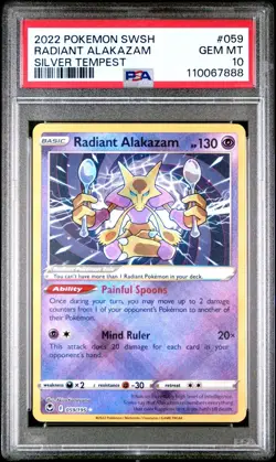 2022 POKEMON SWORD & SHIELD SILVER TEMPEST 059 RADIANT ALAKAZAM PSA 10 - Image 1